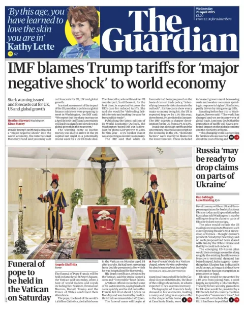Portada de The Guardian (reino Unido) del miércoles, 23 de abril de 2025