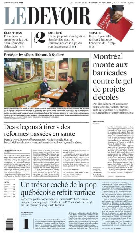 Portada de Le Devoir del miércoles, 23 de abril de 2025