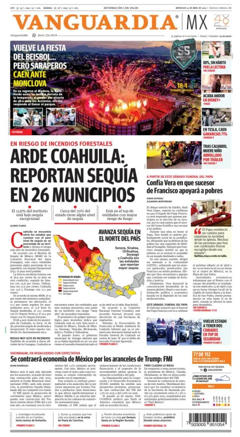 Portada de Vanguardia del miércoles, 23 de abril de 2025