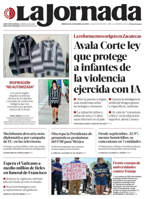 Portada de La Jornada del miércoles, 23 de abril de 2025