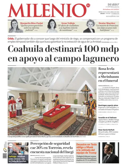 Portada de Milenio Laguna del miércoles, 23 de abril de 2025