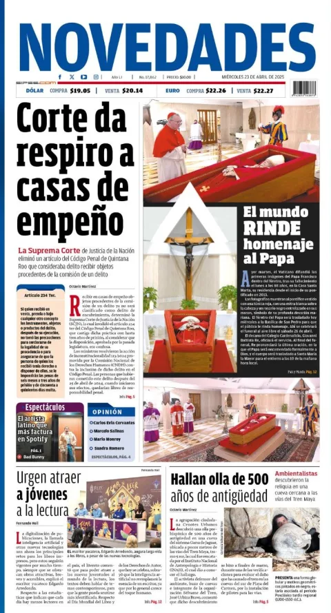 Portada de Novedades Quintana Roo del miércoles, 23 de abril de 2025