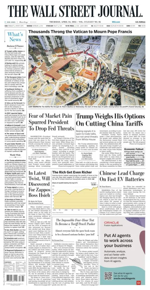Portada de The Wall Street Journal del jueves, 24 de abril de 2025
