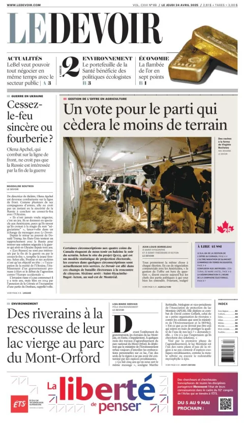 Portada de Le Devoir del jueves, 24 de abril de 2025