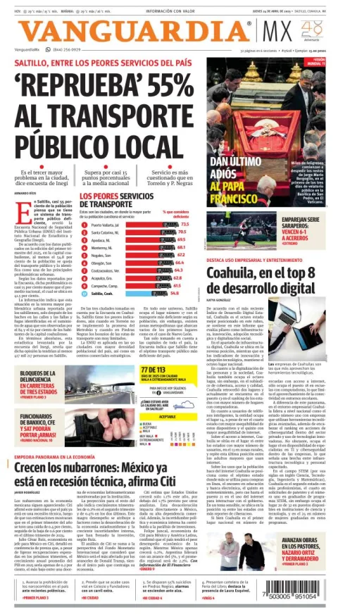 Portada de Vanguardia del jueves, 24 de abril de 2025