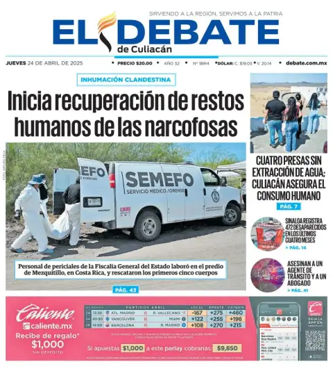 Portada de El Debate de Culiacan del jueves, 24 de abril de 2025