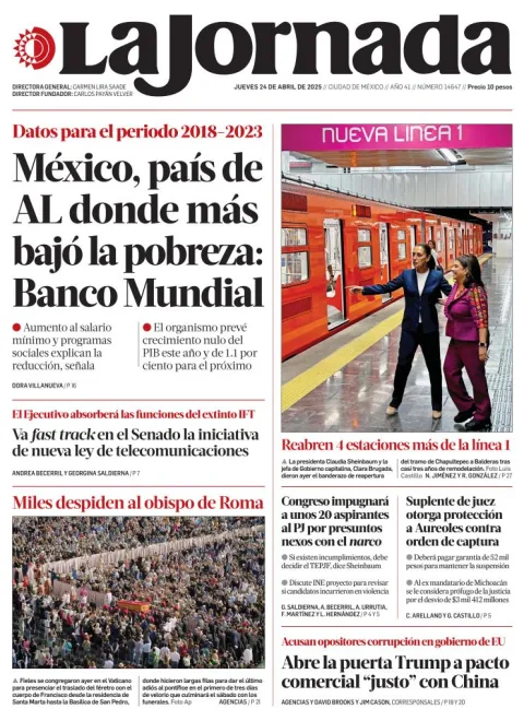 Portada de La Jornada del jueves, 24 de abril de 2025