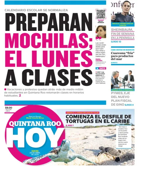 Portada de Quintana Roo Hoy del jueves, 24 de abril de 2025