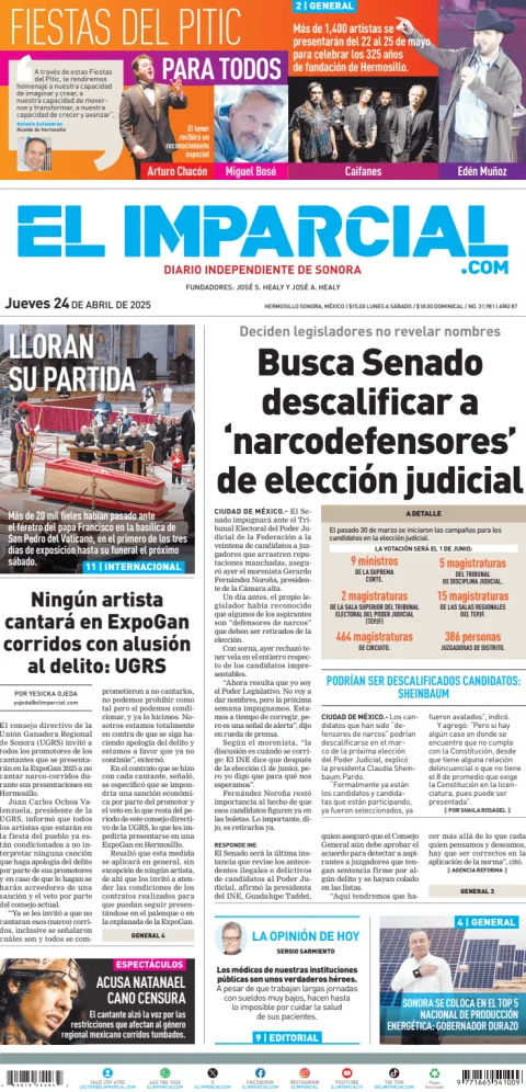 Portada de El Imparcial del jueves, 24 de abril de 2025