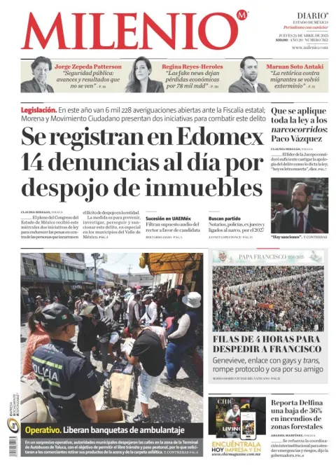 Portada de Milenio Edo de Mexico del jueves, 24 de abril de 2025