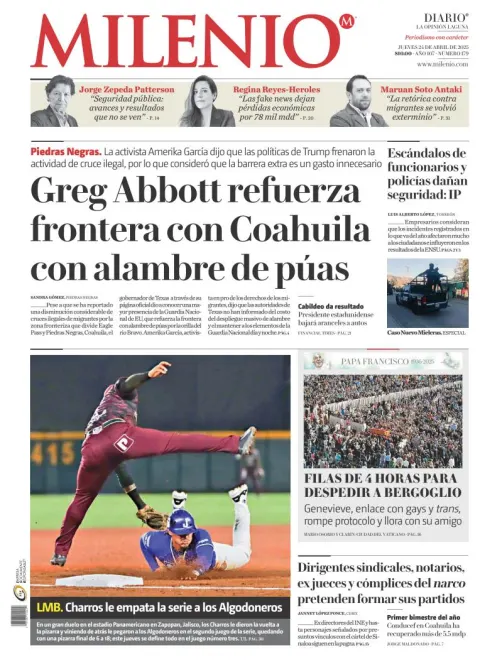 Portada de Milenio Laguna del jueves, 24 de abril de 2025