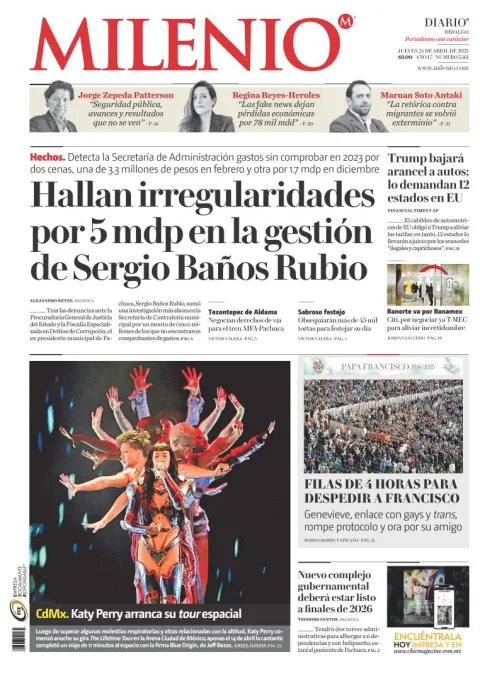 Portada de Milenio Hidalgo del jueves, 24 de abril de 2025