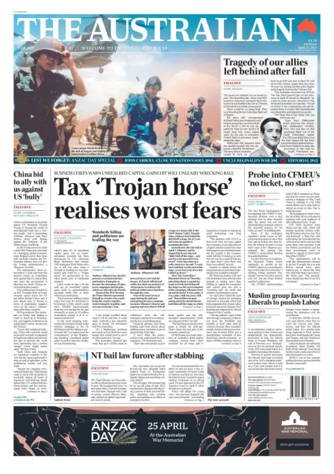 Portada de The Australian del viernes, 25 de abril de 2025