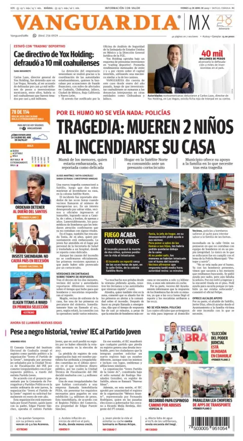 Portada de Vanguardia del viernes, 25 de abril de 2025