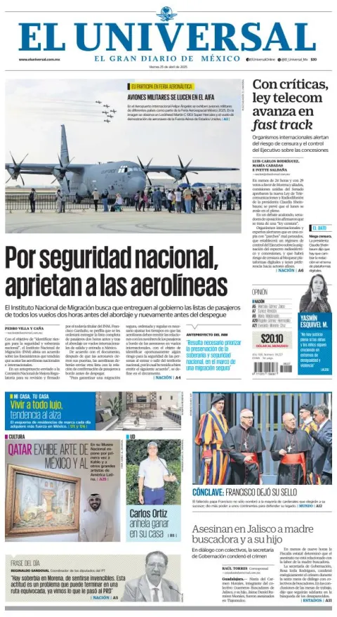 Portada de El Universal del viernes, 25 de abril de 2025