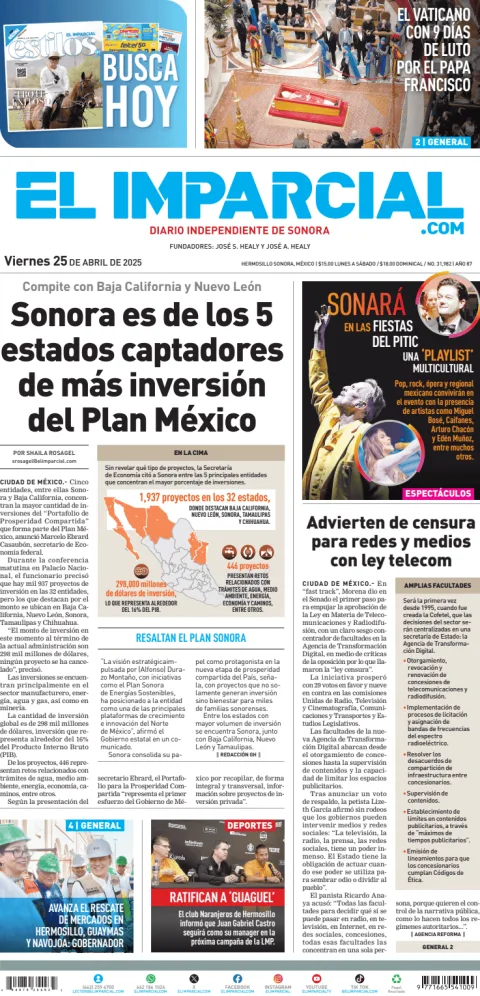 Portada de El Imparcial del viernes, 25 de abril de 2025