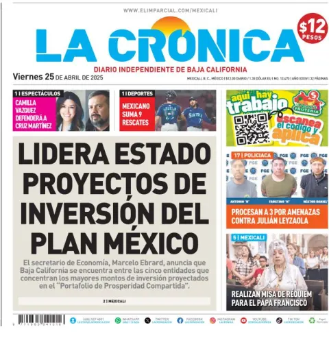 Portada de La Cronica del viernes, 25 de abril de 2025