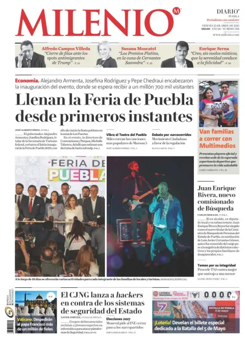 Portada de Milenio Puebla del viernes, 25 de abril de 2025