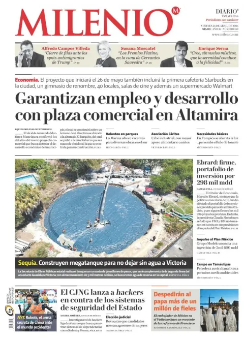 Portada de Milenio Tamaulipas del viernes, 25 de abril de 2025