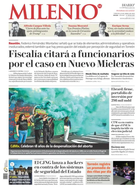 Portada de Milenio Laguna del viernes, 25 de abril de 2025