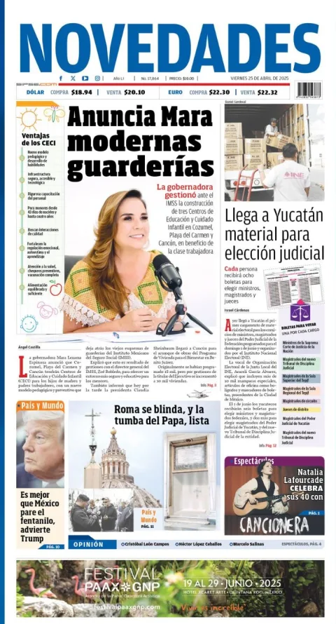 Portada de Novedades Quintana Roo del viernes, 25 de abril de 2025