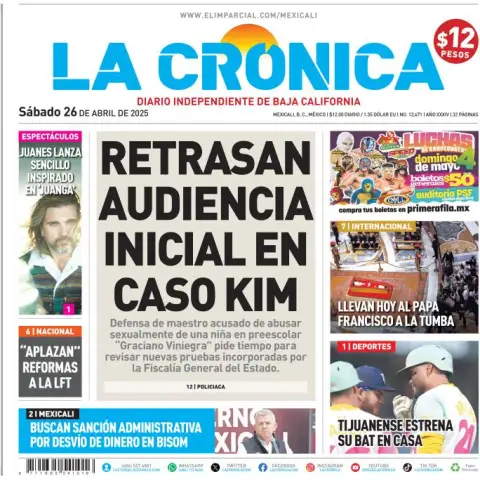Portada de La Cronica del sábado, 26 de abril de 2025