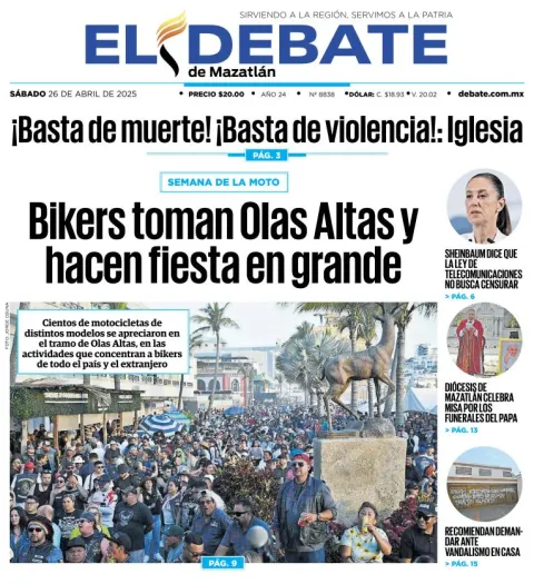 Portada de El Debate de Mazatlan del sábado, 26 de abril de 2025
