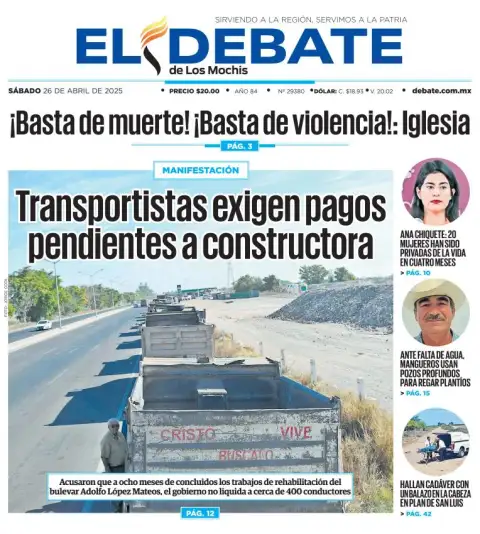Portada de El Debate de los Mochis del sábado, 26 de abril de 2025