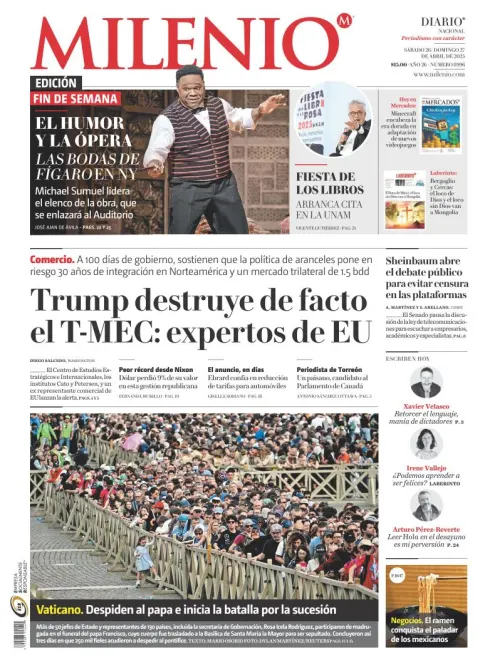Portada de Milenio del sábado, 26 de abril de 2025