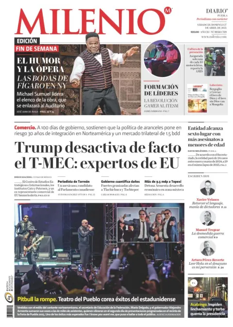 Portada de Milenio Puebla del sábado, 26 de abril de 2025