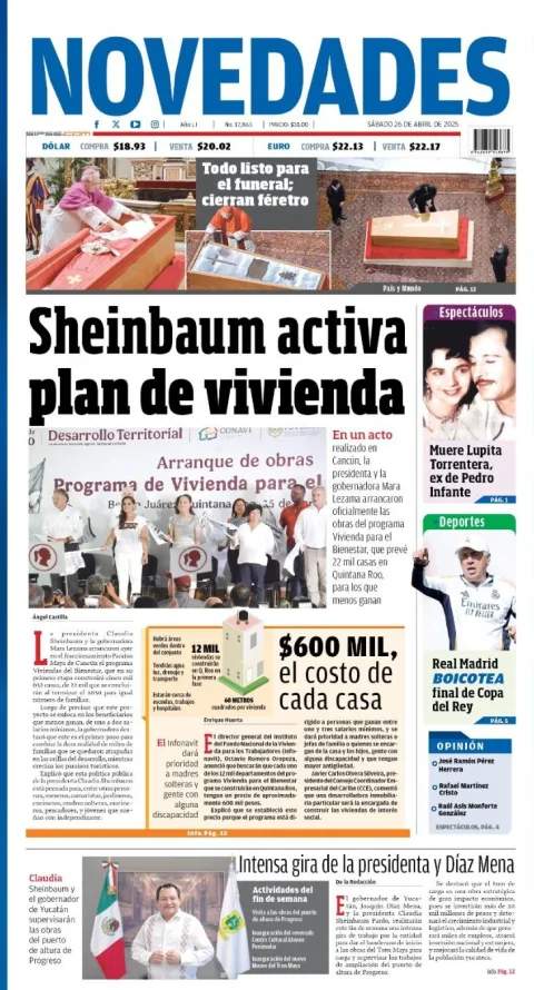 Portada de Novedades Quintana Roo del sábado, 26 de abril de 2025