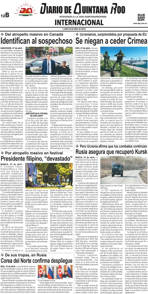 Portada de Diario de Quintana Roo (contra Portada)