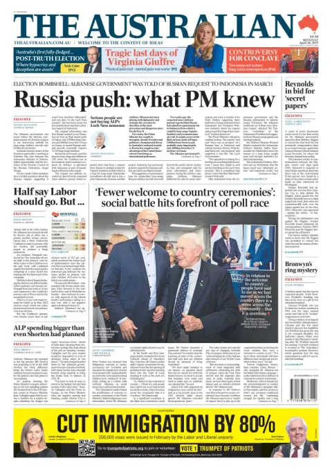 Portada de The Australian del lunes, 28 de abril de 2025
