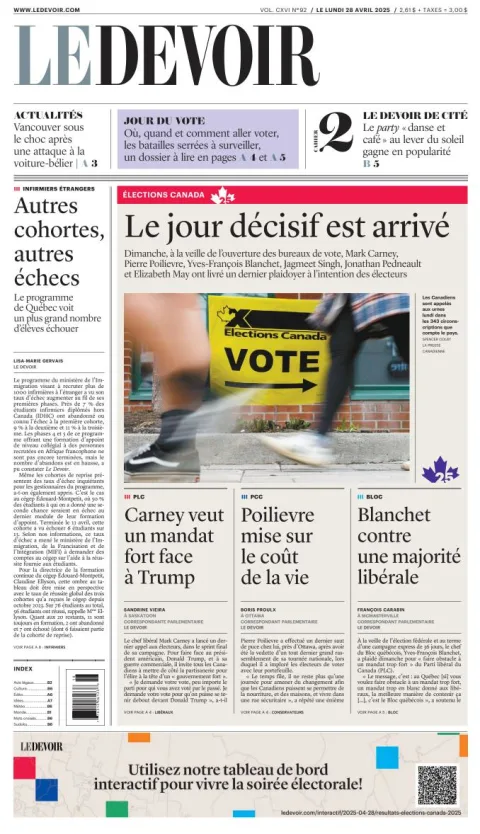 Portada de Le Devoir del lunes, 28 de abril de 2025