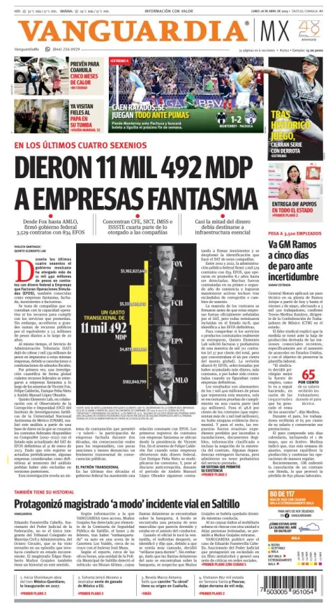 Portada de Vanguardia del lunes, 28 de abril de 2025