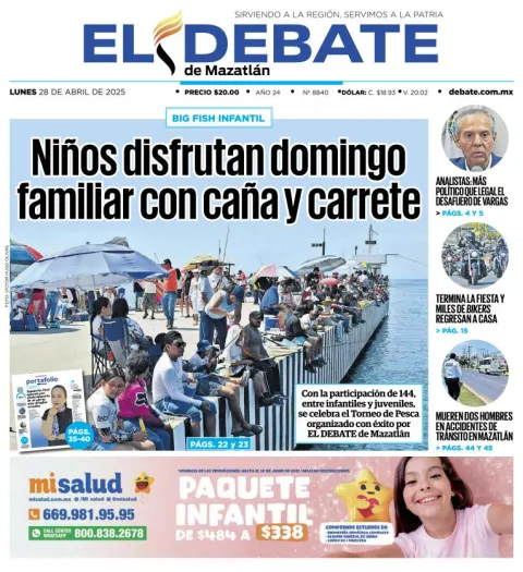 Portada de El Debate de Mazatlan del lunes, 28 de abril de 2025