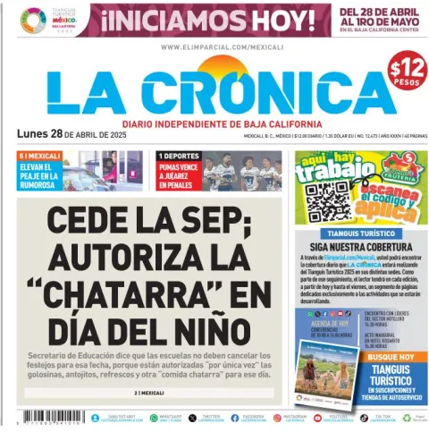Portada de La Cronica del lunes, 28 de abril de 2025