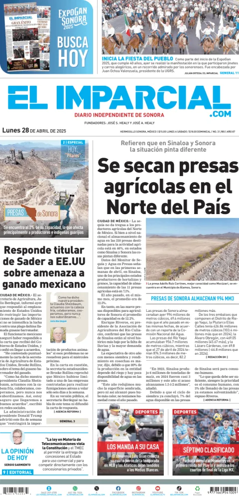 Portada de El Imparcial del lunes, 28 de abril de 2025