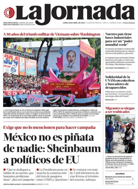 Portada de La Jornada del lunes, 28 de abril de 2025
