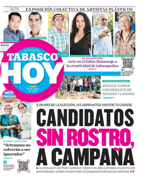 Portada de Tabasco Hoy del lunes, 28 de abril de 2025