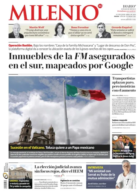 Portada de Milenio Edo de Mexico del lunes, 28 de abril de 2025