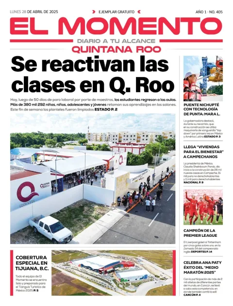 Portada de El Momento Quintana Roo del lunes, 28 de abril de 2025