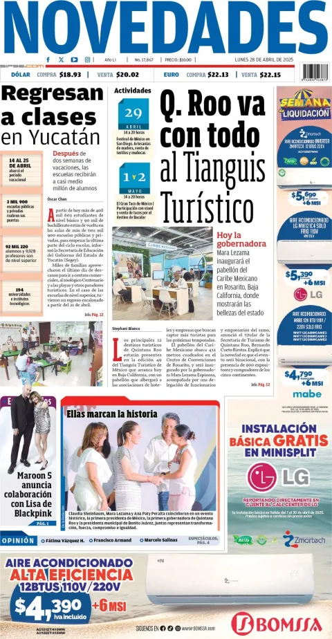 Portada de Novedades Quintana Roo del lunes, 28 de abril de 2025