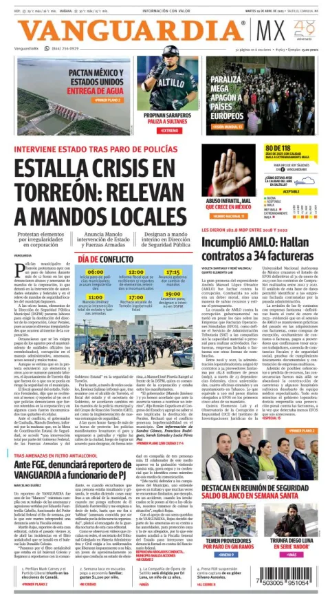 Portada de Vanguardia del martes, 29 de abril de 2025