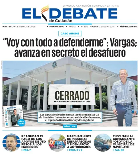 Portada de El Debate de Culiacan del martes, 29 de abril de 2025