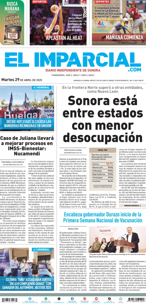 Portada de El Imparcial del martes, 29 de abril de 2025