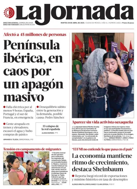Portada de La Jornada del martes, 29 de abril de 2025