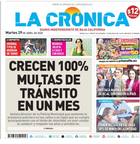 Portada de La Cronica del martes, 29 de abril de 2025