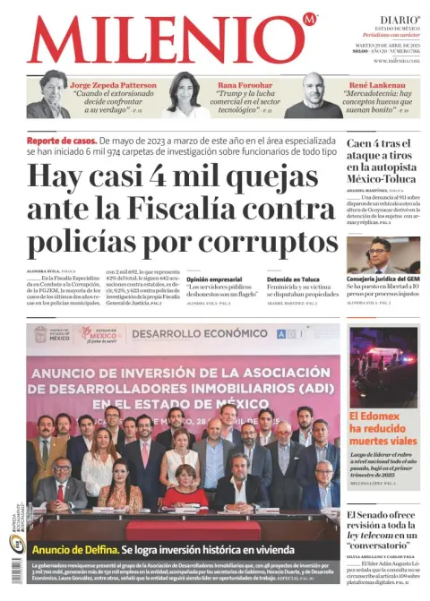 Portada de Milenio Edo de Mexico del martes, 29 de abril de 2025