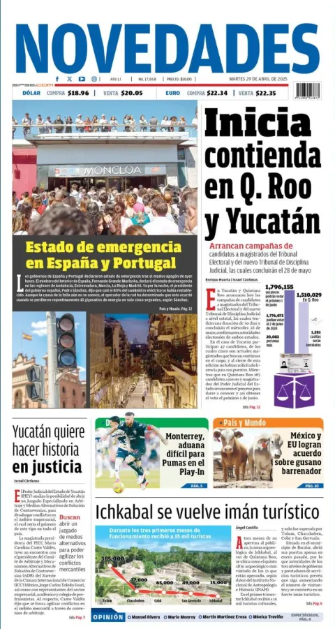 Portada de Novedades Quintana Roo del martes, 29 de abril de 2025